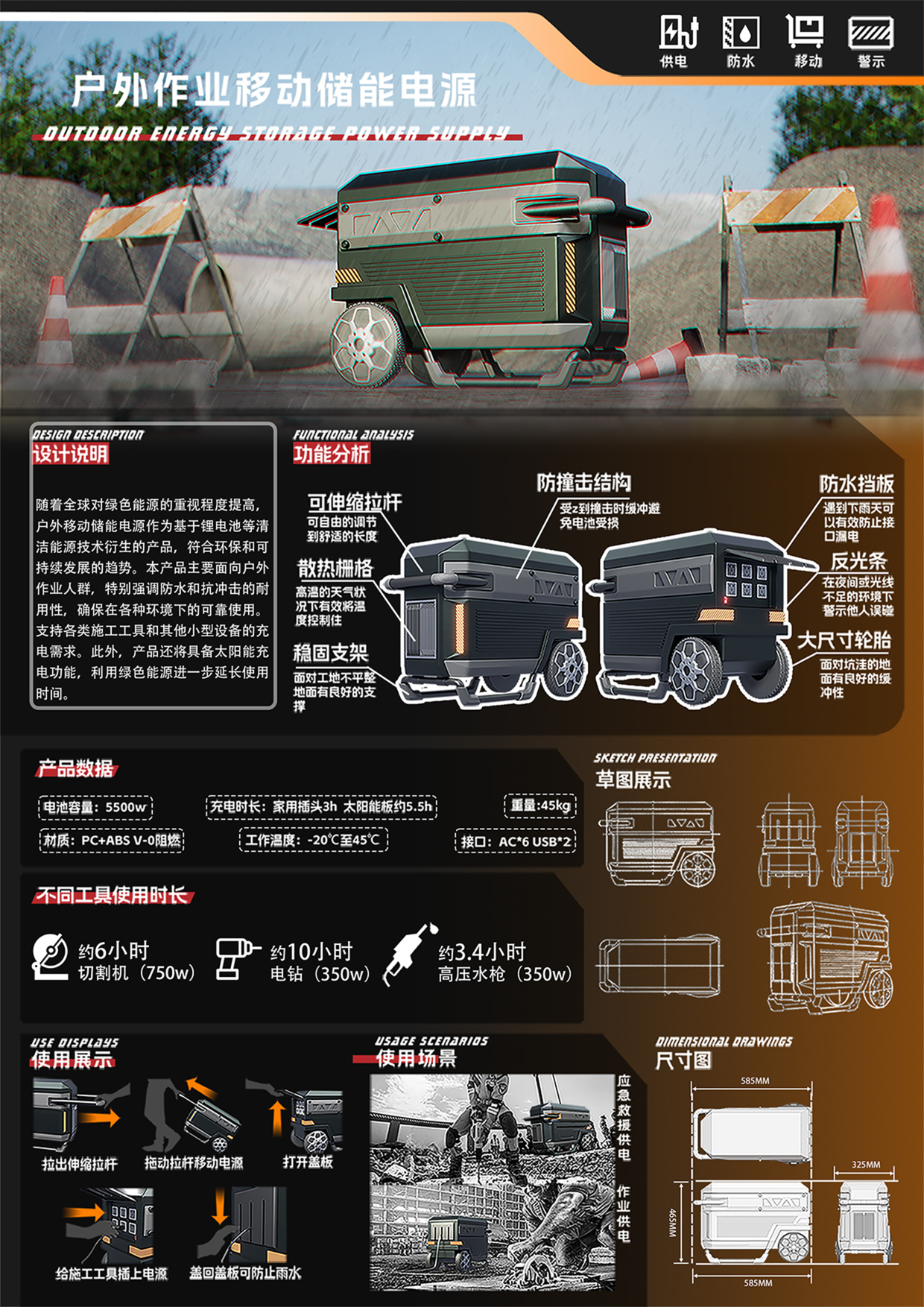 Mobile energy storage power supply for outdoor operation